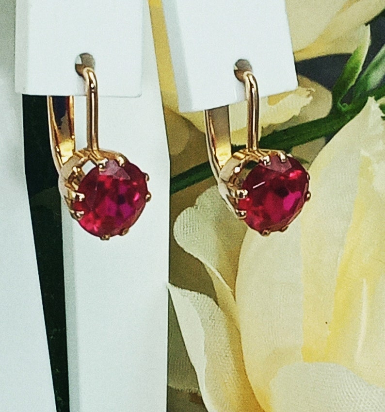 Vintage Earrings Circle Rose Red Gold 14K 583 Star Ruby Stone Scarlet Blood Color Old Rare zdjęcie 1