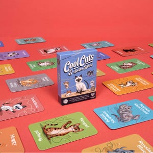 May include: A card game box titled "Cool Cats & Smitten Kittens" with illustrations of various cat breeds. The game cards are scattered around the box, each featuring a different cat breed with its name. The background is a solid red.