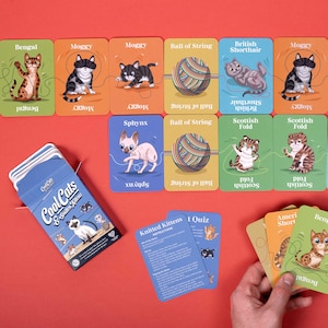 May include: A card game set featuring illustrated cat breeds and a ball of string. The game box reads "Cool Cats & Smitten Kittens." Additional cards include a quiz and instructions. The cards are arranged on a red surface.