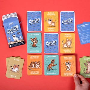 May include: A card game called "Cool Cats & Smitten Kittens" featuring various cat breeds. The game includes cards with illustrations of cats like British Longhair, Abyssinian, and American Shorthair, and a box with the game's title.