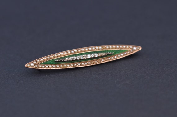 Antique diamond guilloche enamel gold brooch.