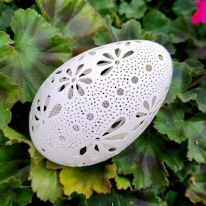 May include: A white, oval-shaped decorative object with intricate floral cutouts. The object is set against a backdrop of green leaves and pink flowers, creating a natural contrast. The design features various sizes of circular and petal-shaped openings.