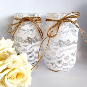 Lace Covered Mason Jars, Flower Vases, Rustic Wedding Centerpieces, Candle Holder, Baby Shower Decor, Nautical Wedding, Beach Wedding