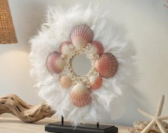 Handmade Coastal Seashell Decor – Pink Scallop Shell & Feather Art – Beach House Boho Decor – 25cm