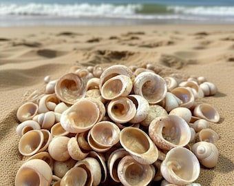 May include: A large collection of small, spiraled, off-white and beige seashells clustered together. Each shell features a smooth, pearlescent interior and a textured, rounded exterior, showcasing natural variations in shape and size.