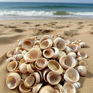 Könnte beinhalten: Eine große Ansammlung kleiner, spiralförmiger, cremeweißer und beigefarbener Muscheln, die zusammenliegen. Jede Muschel hat ein glattes, perlmuttartiges Inneres und eine strukturierte, abgerundete Außenseite mit natürlichen Formvariationen.