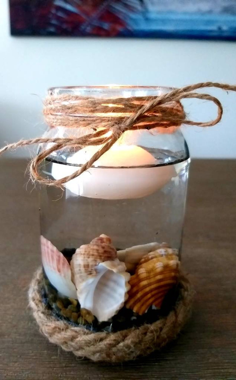 Mason Jar Candle Holder Seashell and Floating Candle Candle Holder Beach Decor Beach wedding Candles Nautical Decor beach decor PEBBLES