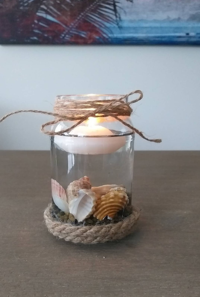 Mason Jar Candle Holder Seashell and Floating Candle Candle Holder Beach Decor Beach wedding Candles Nautical Decor beach decor image 1