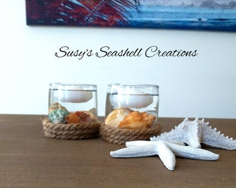 Glass Candle Holder - Seashell and Floating Candle Glass Candle Holder - Beach Decor - Beach wedding Candles - Nautical Decor - beach decor