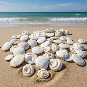 Pode incluir: Uma coleção de conchas brancas com padrões espirais e circulares repousa numa praia arenosa. As conchas variam em tamanho e forma, com algumas peças alongadas. O oceano e o céu azul são visíveis ao fundo.