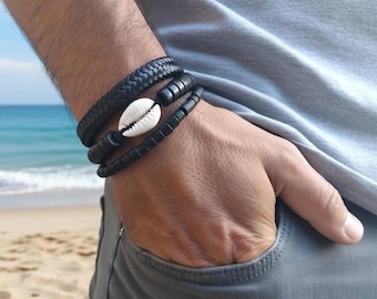 Mix and Match Bracelets, Set of THREE, Leather Bracelet, Mens Bracelet, Gift For Him, Boyfriend Gift, Cowrie Shell Bracelet