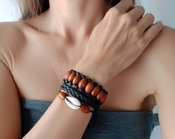 Mix and Match Bracelets, Set of THREE, Leather Bracelet, Womans Bracelet, Gift For Her, Girlfriend Gift, Cowrie Shell Bracelet