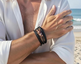 Mix and Match Bracelets, Set of THREE, Leather Bracelet, Mens Bracelet, Gift For Him, Boyfriend Gift, Shell Bracelet