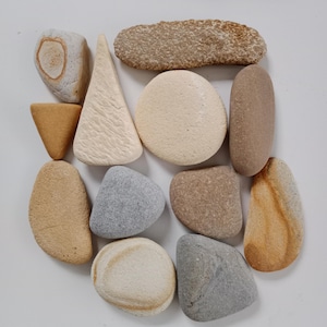 Può includere: Un assortimento di pietre lisce e naturali di varie forme e colori. La collezione comprende pietre arrotondate, ovali e triangolari in tonalità beige, grigio e marrone. Alcune pietre presentano motivi e texture uniche.