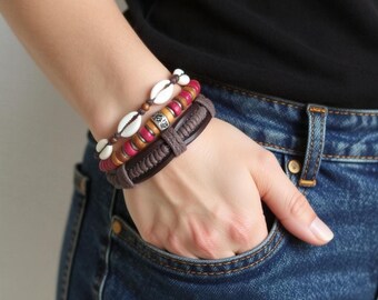 Mix and Match Bracelets, Set of THREE, Leather Bracelet, Womans Bracelet, Gift For Her, Girlfriend Gift, Cowrie Shell Bracelet