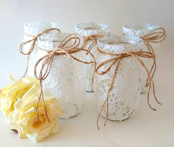 Lace Covered Mason Jars, Flower Vases, Rustic Wedding Centerpieces