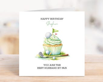 Personalised Birthday day card - Card for golf lover. Best Husband by Par. Golf Clubs and balls design on a cupcake 57IA