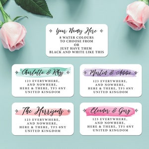 May include: A collection of white, rounded-corner labels with watercolour designs and text. The labels display names and addresses, with options for 8 colours or black and white. The labels are for addresses and include the text "Your Names Here".