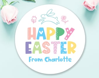 HAPPY EASTER STICKERS, round sticky labels, Personalised with kids name, for business, for posting for craft, egg hunt R97