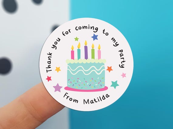 Personalised Stickers for Children's Birthday Party. Thank you for coming to my party. Customised with Kid's Name . Birthday Cake BD36