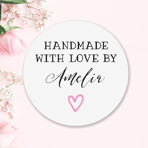 Pegatinas personalizadas hechas a mano con amor, etiquetas con corazones, para negocios y manualidades, personalizadas con el nombre de tu empresa (tamaño A5).