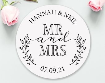 PERSONALISED WEDDING stickers, Mr and Mrs, customised with your names  & date, wedding day favours,  round sticky labels, colour S13