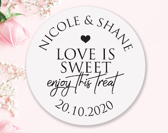 LOVE IS SWEET stickers. Personalised Wedding day labels. Custom Wedding Favour Labels. Customised with names and date. WD1