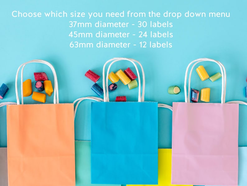 May include: Three colorful paper gift bags with white handles, filled with candy, are arranged on a blue background. The bags are orange, blue, and pink. Text at the top indicates label sizes: 37mm, 45mm, and 63mm diameter.