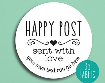HAPPY POST CUSTOM Stickers, sent with love sticky labels your own wording any text printed website choose colour personalised packaging P14