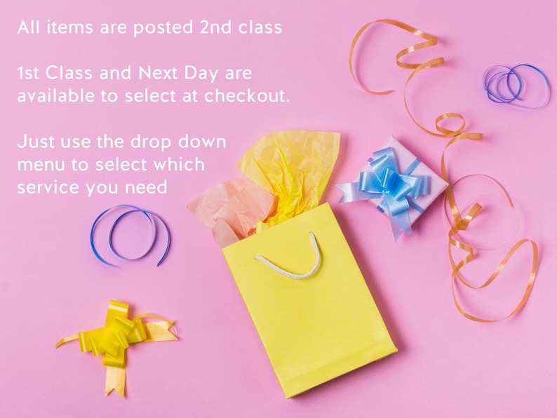 May include: A yellow gift bag with white handle, tissue paper, and a small gift box with a blue bow on a pink background. Gold and blue ribbons and a yellow bow are also present.
