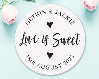 CUSTOM WEDDING stickers, Love is sweet, your names date wedding day favours, round sticky labels for sweet cones, any colour S97