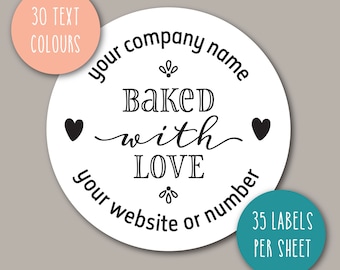 CUSTOM BUSINESS STICKERS, Baked with love, custom website company name personalised cake 37mm diameter round sticky labels, any colour s38