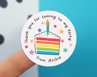 Personalised Stickers for Children's Birthday Party. Thank you for coming. Customised with Kid's Name. Slice of Rainbow cake BD38