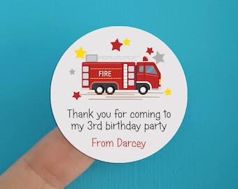 Personalised Stickers for Kids Birthday Party. Thank you for coming to my party. Customised with Child's Name and age. Red Fire Engine BD17