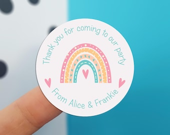 Personalised KIDS BIRTHDAY PARTY bag stickers, Thank you for coming to our joint party, boys or girls name - Pastel Rainbows BD11