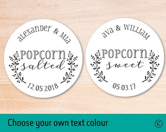 POPCORN SALTED stickers x 35 custom personalised your names date wedding day favours favor 37mm diameter round sticky labels any colour S31