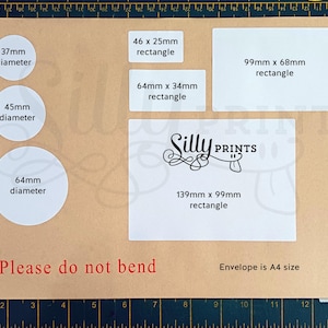 May include: A brown A4-sized envelope with white labels of various sizes and shapes. The labels include circles with 37mm, 45mm, and 64mm diameters, and rectangles with dimensions of 46 x 25mm, 64 x 34mm, 99 x 68mm, and 139 x 99mm. The text "Please do not bend" is printed in red.