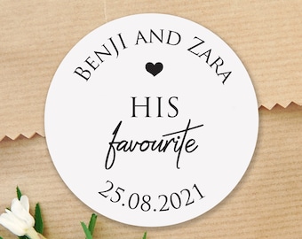 HIS & HER FAVOURITE stickers, customised and personalised with names, date, wedding day favours, round sticky labels for sweets R60