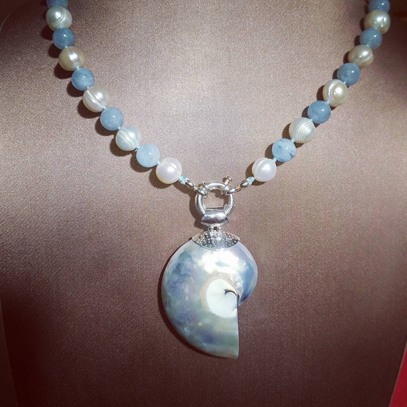 Nautilus necklace with aquamarines river and silver pearls