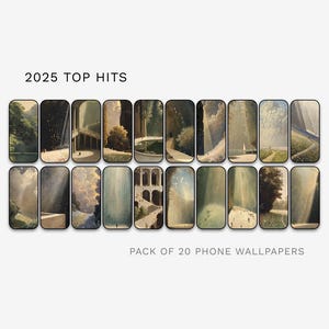 Könnte beinhalten: Eine Sammlung von 20 Handy-Hintergrundbildern mit Landschaftsgemälden. Die Hintergrundbilder haben eine rechteckige Form mit abgerundeten Ecken und einem schwarzen Rand. Der Text "2025 TOP HITS" und "PACK OF 20 PHONE WALLPAPERS" ist zu sehen.
