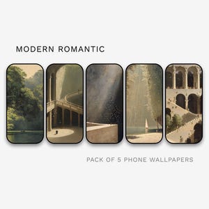 Może przedstawiać: Zestaw pięciu tapet na telefon z romantycznymi pejzażami. Tapety mają czarną obwódkę i przedstawiają sceny natury, architektury i światła. Widoczny jest również tekst "MODERN ROMANTIC" i "PACK OF 5 PHONE WALLPAPERS".