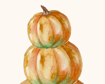 May include: A stack of three orange pumpkins with green stems. The pumpkins are painted in a watercolor style, with shades of yellow, orange, and green.