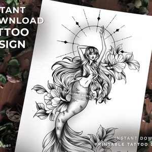 Tattoo Design - Mermaid with peonies and ornamentals Feminine, Fineline  - Black/Grey - Instant Download and Printable -Illustration Stencil