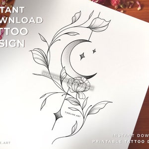 Moon with Floral Elements Geometric - Black/Grey Greyscale - Printable Tattoo Design - Floral/Feminine- Flowers Tattoo Idea-Instant Download