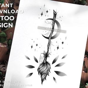 Tattoo Design - Spooky Witch Broom with Moon Feminine,Fineline  - Black/Grey - Instant Download and Printable - Illustration with Stencil