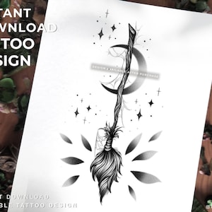 Tattoo Design Spooky Witch Broom With Moon (Download Now) - Etsy