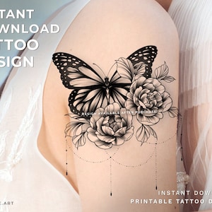 Butterfly with Peonies and Jewelery Ornamentals Fineline/Feminine - Instant Download Printable Tattoo Design -Tattoo Illustration & Stencil