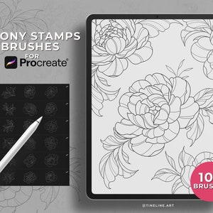 100 Sellos de tatuaje de peonía para Procreate / Flores Hojas Pinceles de tatuaje / Uso comercial