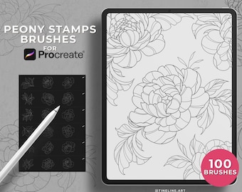 May include: A digital illustration of 100 peony flower stamps and brushes for Procreate. The image shows a preview of the brushes on a black background and a larger example of the brushes used to create a floral design on a white background.