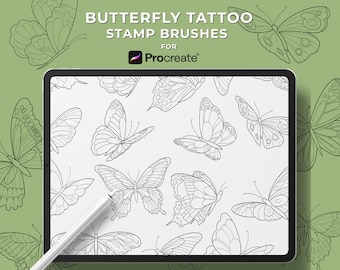 Op de afbeelding: Een digitaal tabletscherm met een patroon van vlinder-tattoo-stempelkwasten voor Procreate. De vlinders zijn zwart omlijnd en zijn gerangschikt in een herhalend patroon op een witte achtergrond.